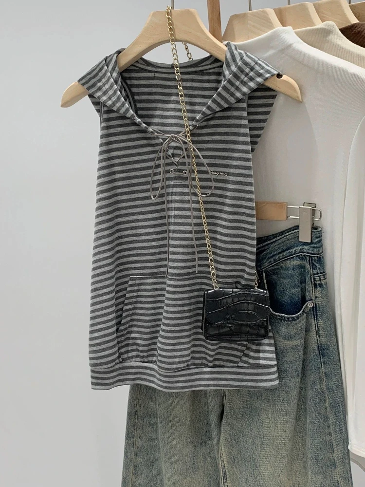 2000s Harajuku Vintage Streetwear T Shirts Y2k Summer American Striped Casual Hoodies Sleeveless Tops Japan Subculture Vest Chic