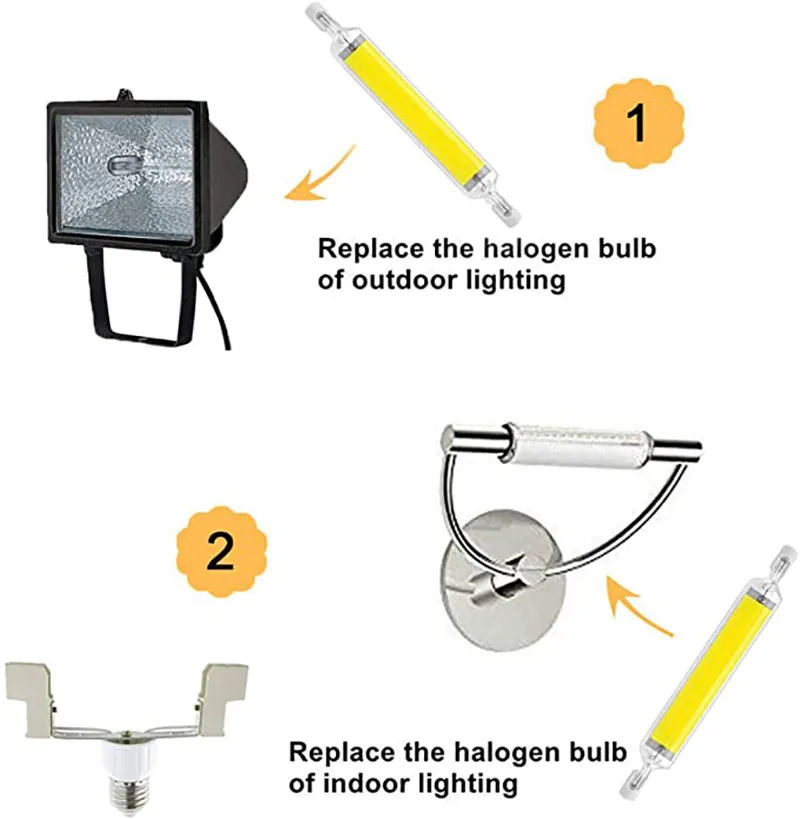 Lâmpada LED COB tubo de vidro, lâmpada de milho R7S, alta potência, substituir a luz halógena, AC 110V 220V, 78mm 118mm, J118, J78