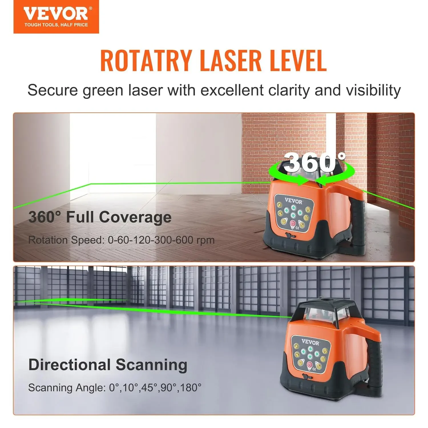 Rotary Laser Level 2000ft,360 Degree Self Leveling Green Cross Line Laser,5 Rotation Speeds&4 Scanning Angles Adjustment