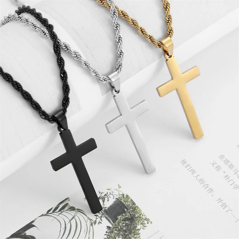 GANEMLY 316L Stainless Steel Metal Cross Pendant Necklace For Women Men Arrivals 18K Golden Plated Fashion Classic Jewelry