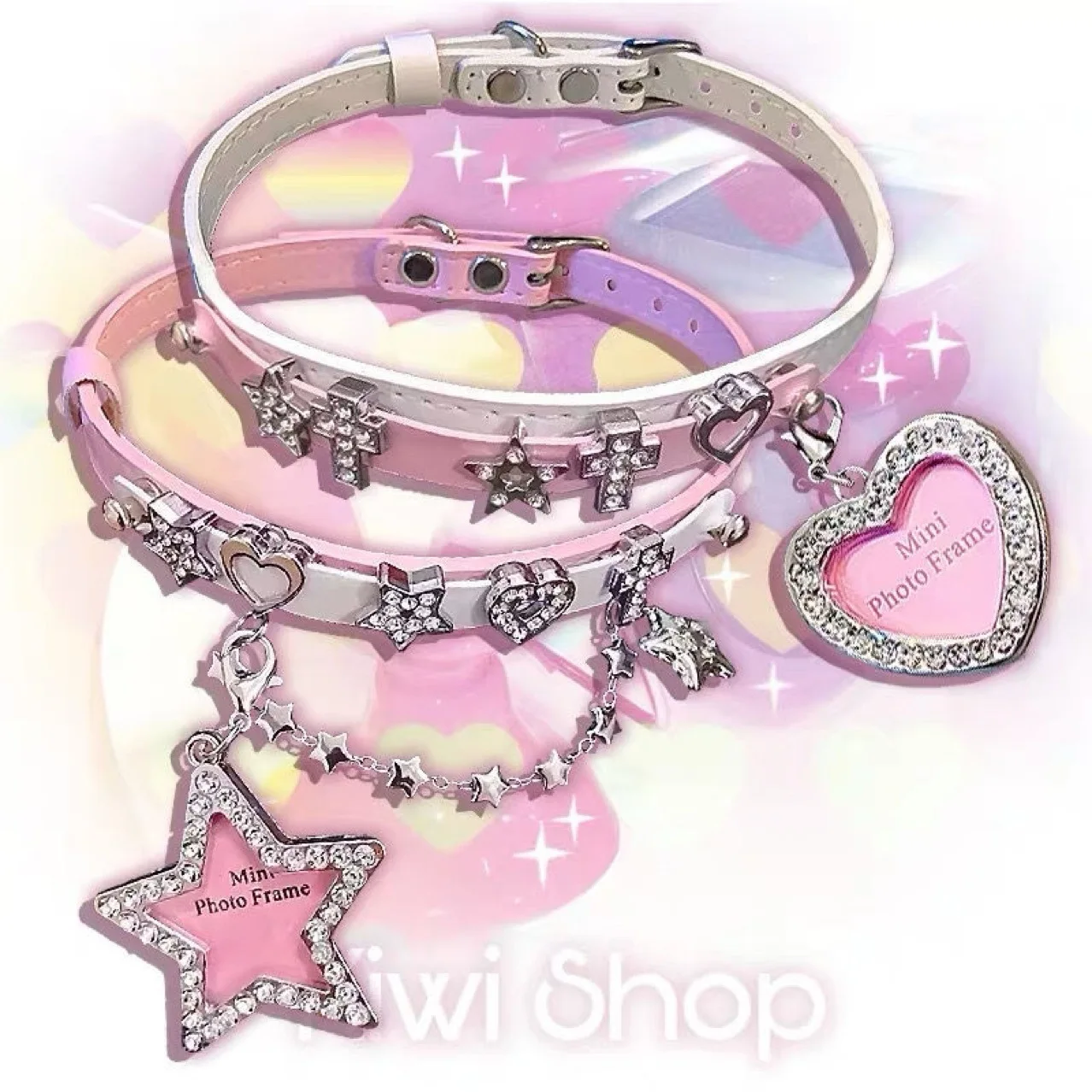 Y2K Pink And White Two-Tone Star Heart Choker Necklace Hot Girl Subculture French Dopamine Millennial Niche
