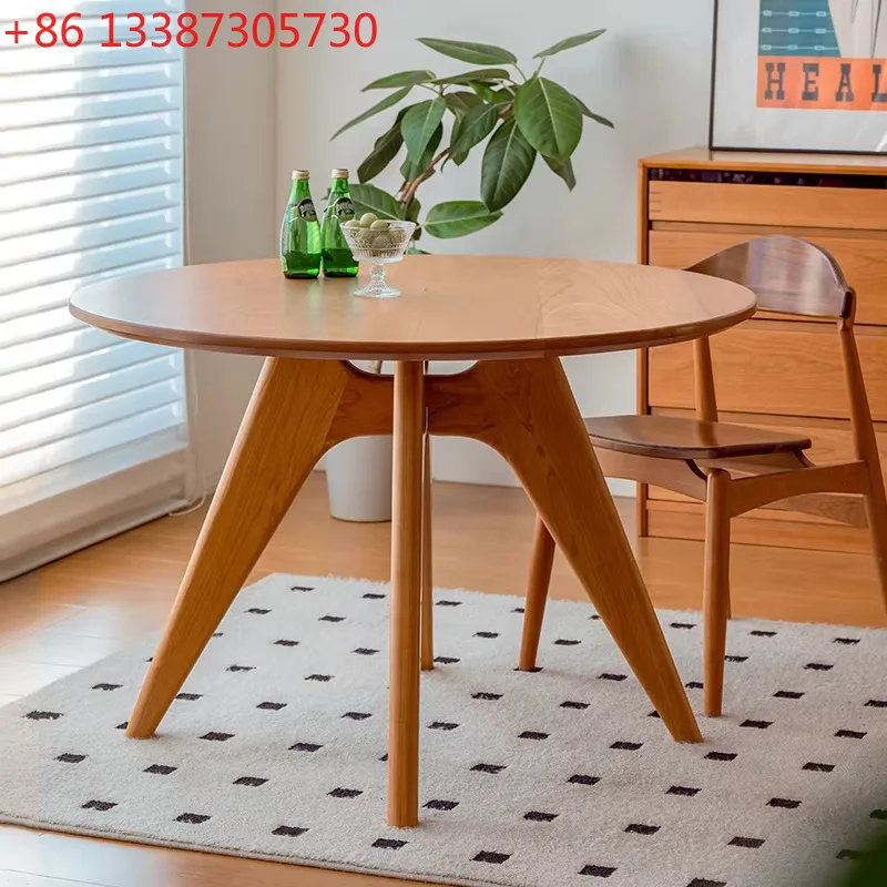 

Cherry wood round dining table and chairs Nordic log style small apartment household solid wood rock slab dining table