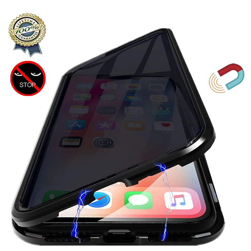 Anti-peeping Magnetic Tempered Glass Cases For iPhone 15 14 13 12 11 Pro XS Max XR 15 Plus Case Privacy Metal Bumper Cover Coque