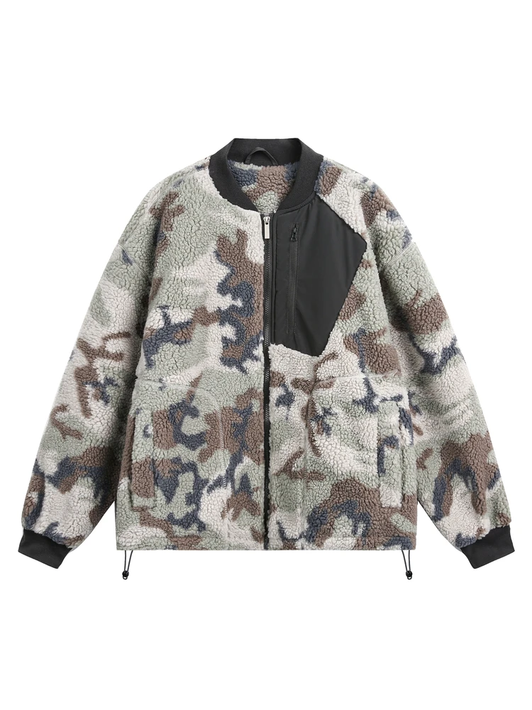 

Devilray Autumnal American Retro Camouflage Lamb Velvet Patchwork Baseball Coat Multiple kets Outdoor Warmth Outerwear