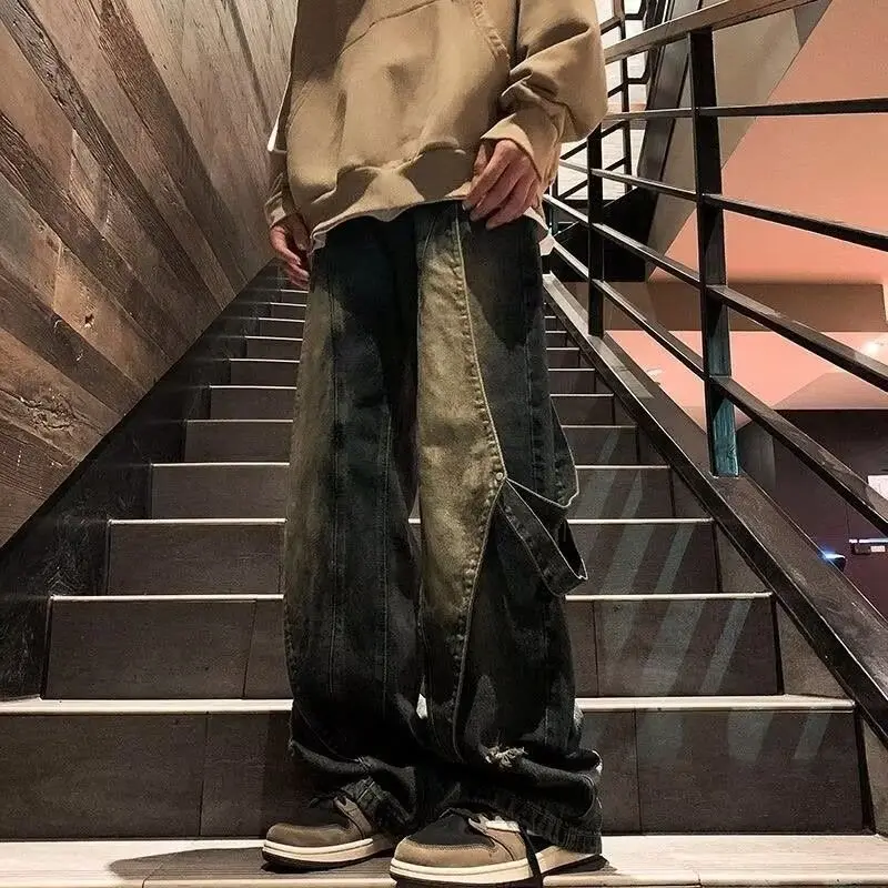 

Special Large Size Distred Denim Jeans High Street Design Women's Loose Straight Leg Patchwork Long Trousers Spring Faion
