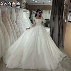 SoDigne A-line Glitter Tulle Wedding Dresses Square Collar Full Sleeves Bridal Dress Appliques Long Wedding Gown ﻿Customized
