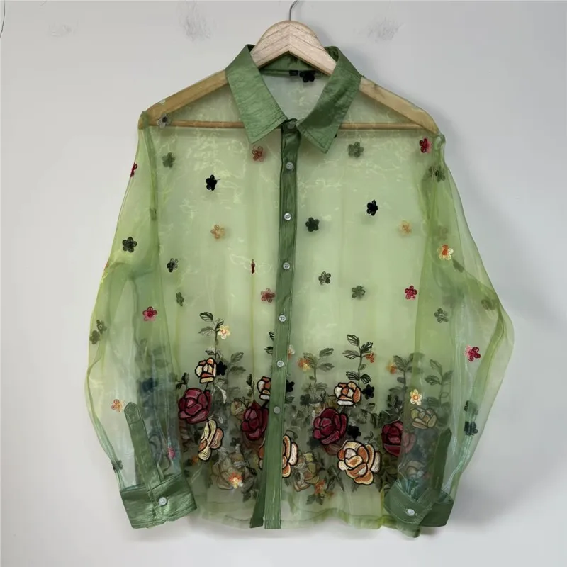 

Fashion Embroidered See Through Organza Men's Shirts Light Luxury Tops Elegant Shirts