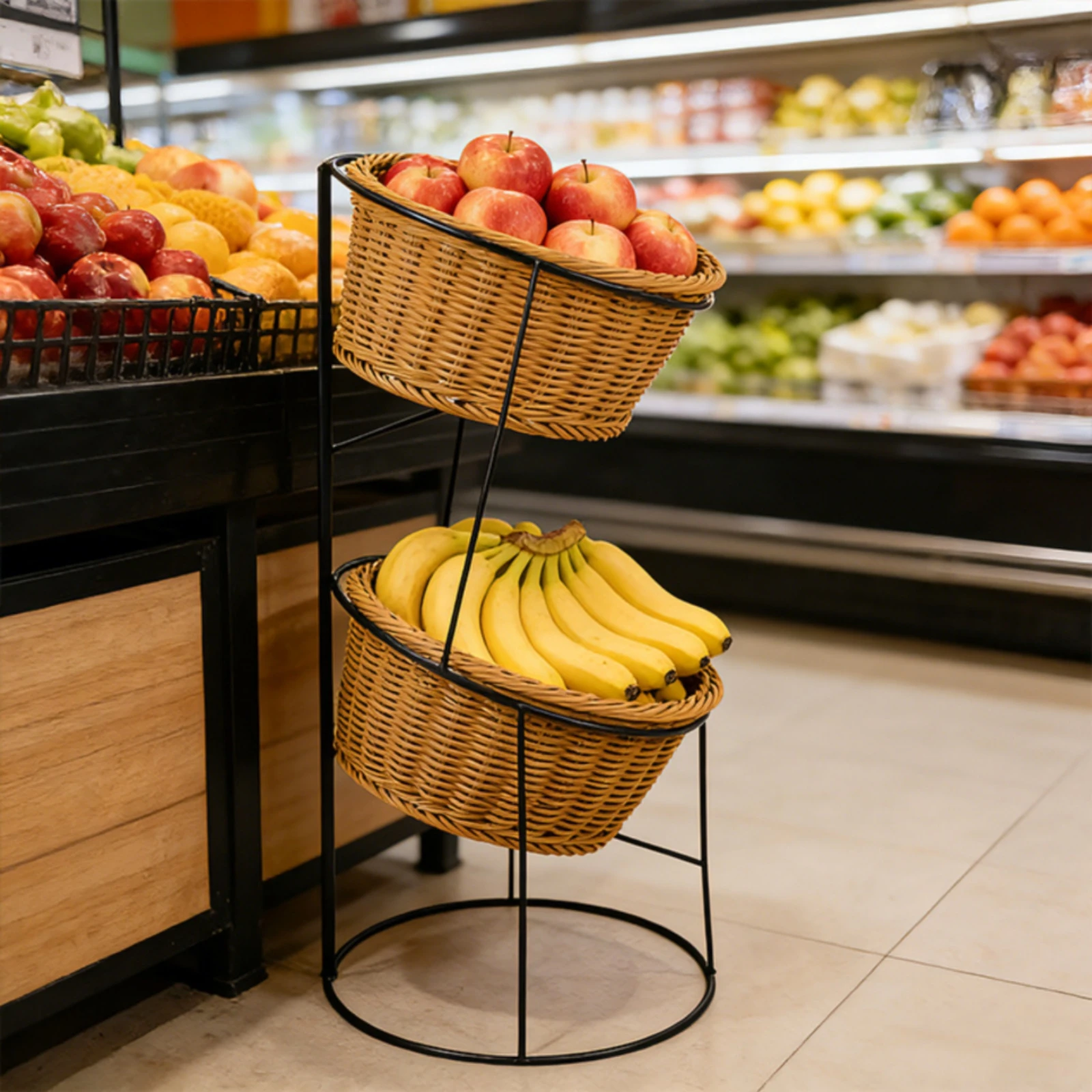 Produce Display Stand Space-Saving Metal Frame Basket Rack Tiered Basket Floor Stand with Metal Frame Stackable for Supermarkets