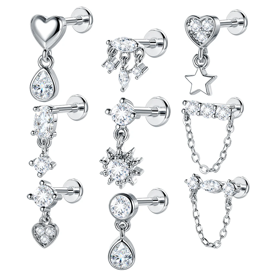 1Pc Stainless Steel CZ Heart Ear Tragus Helix Stud Conch Lobe Rook Cartilage Flat Back Labret Stud Earring Piercing Jewelry