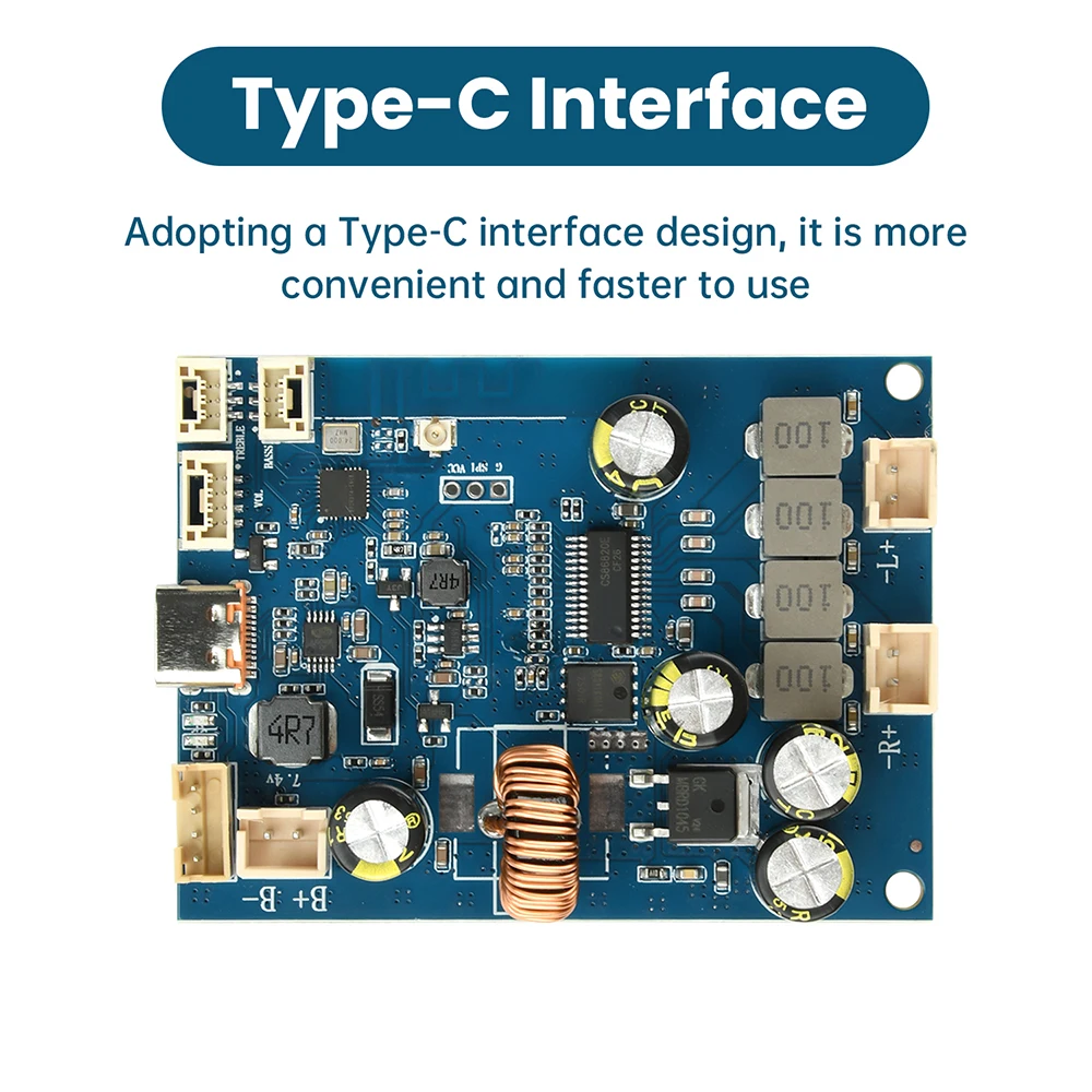 DC 6.6V-8.4V Digital Stereo Bluetooth Audio Amplifier Board 2*25W Adjustable Tone Integrable Charging Type C Interface