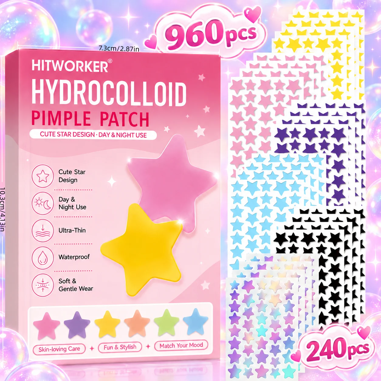 HITWORKER Star Hydrocolloid Pimple Patches 240/960PCS, Cute Colorful Ultra Thin Waterproof Spot Stickers for Daily Wear