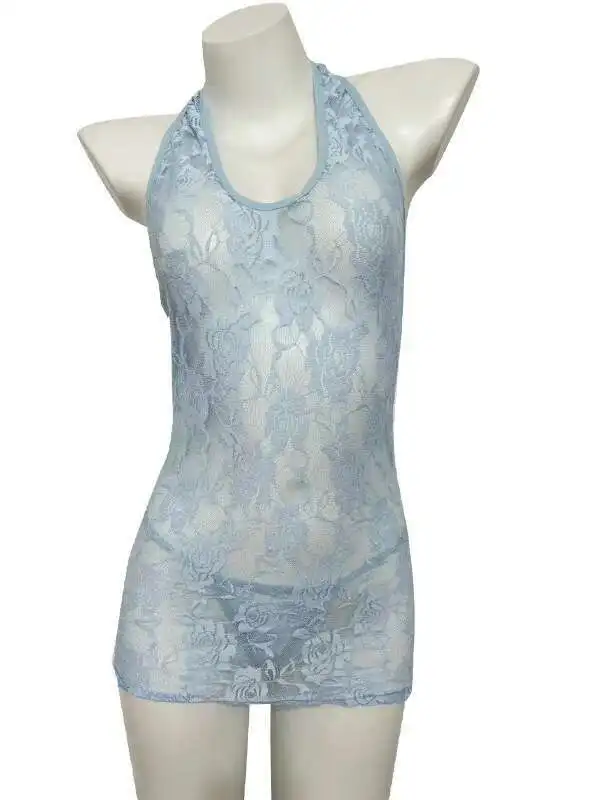 أزياء الصيف ملابس نسائية غريبة جديدة نمط الدانتيل منظور مثير شنقا الرقبة عارية الذراعين النمط الصيني فستان أنيق MT3P