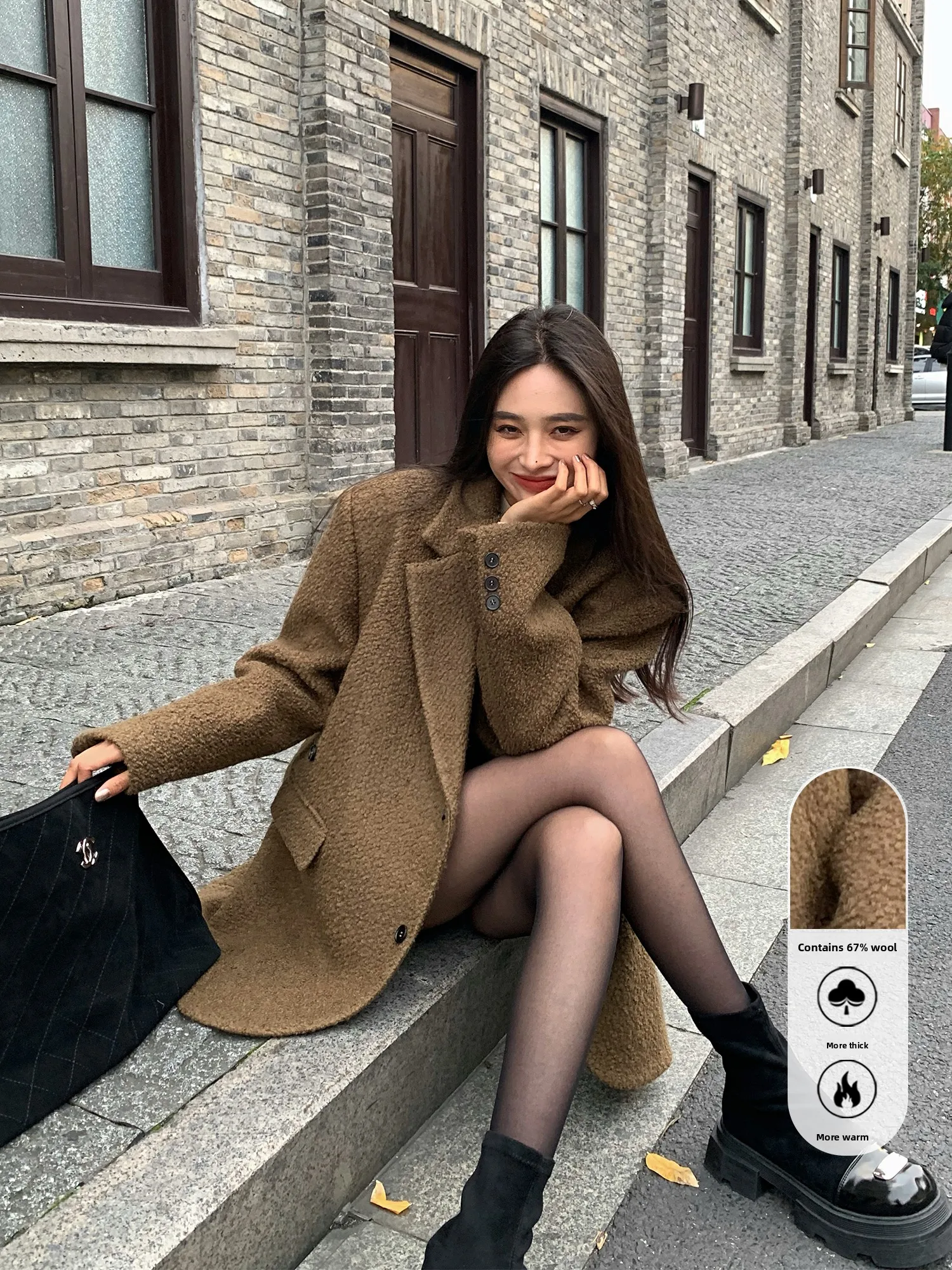 

ChenMiFan Women's Woolen Suit Jaet Thiened Autumn Winter Coat Particle Sensation Cotton Blend Long Sve Single Button