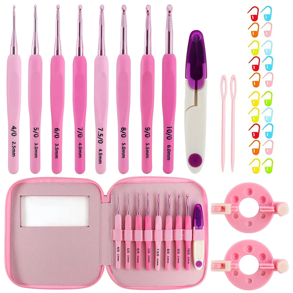 9 قطعة/المجموعة 2.0 مللي متر-6 مللي متر الوردي التدرج الألومنيوم الكروشيه السنانير مريح لينة مقبض الكروشيه مع حالة الكروشيه عدة للمبتدئين