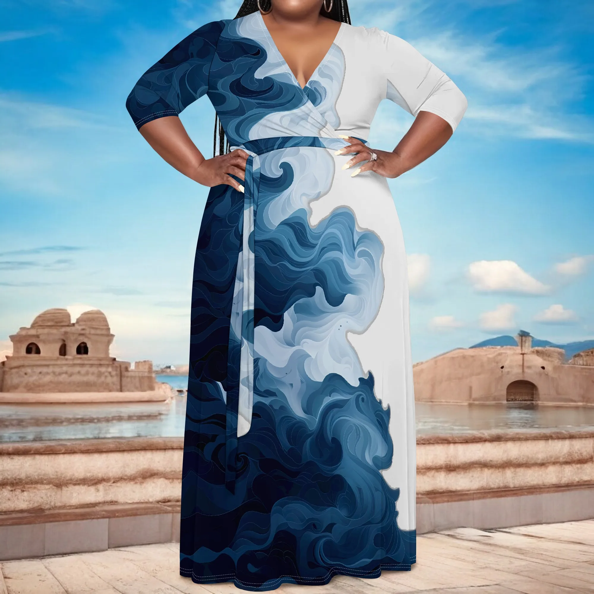 

Nupusa Wave Print Dress for Women Plus Size Summer Casual V Neck Half Sleeve Maxi Dress