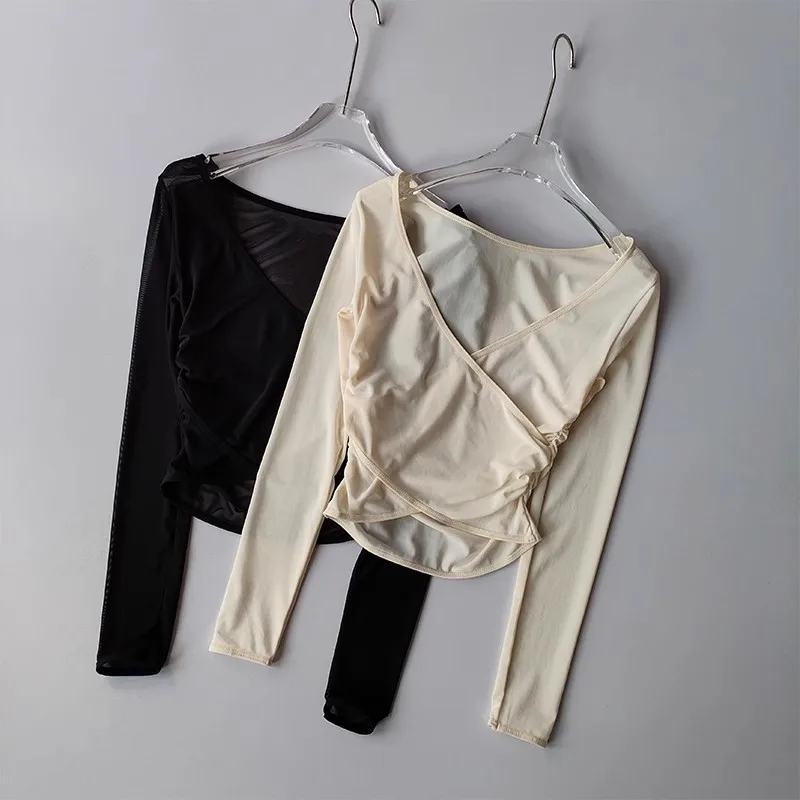 

Sports T-shirt V-neck Mesh Breathable Pilates Yoga Clothes Cross-body Shirt Long Sleeves Running Training Fitness Blouse Clothes