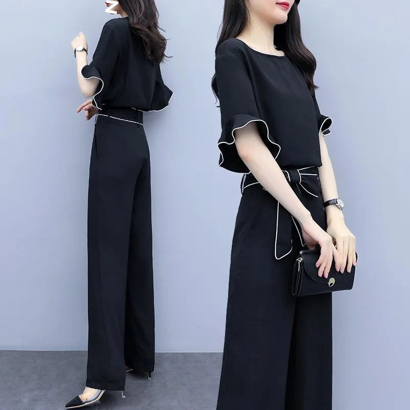 ชุดสองชิ้นเสื้อแขนสั้น2024คอกลมแต่งระบายเอวสูงลำลองสีทึบแฟชั่นสีทึบสำหรับฤดูร้อนของผู้หญิง