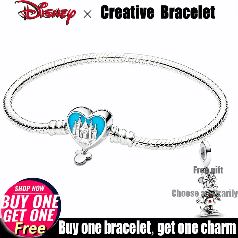 

Disney Mickey Bracelet 925 Sterling Silver castle heart Clasps snake chain Bracelet For Women Girls christmas Jewelry Gift