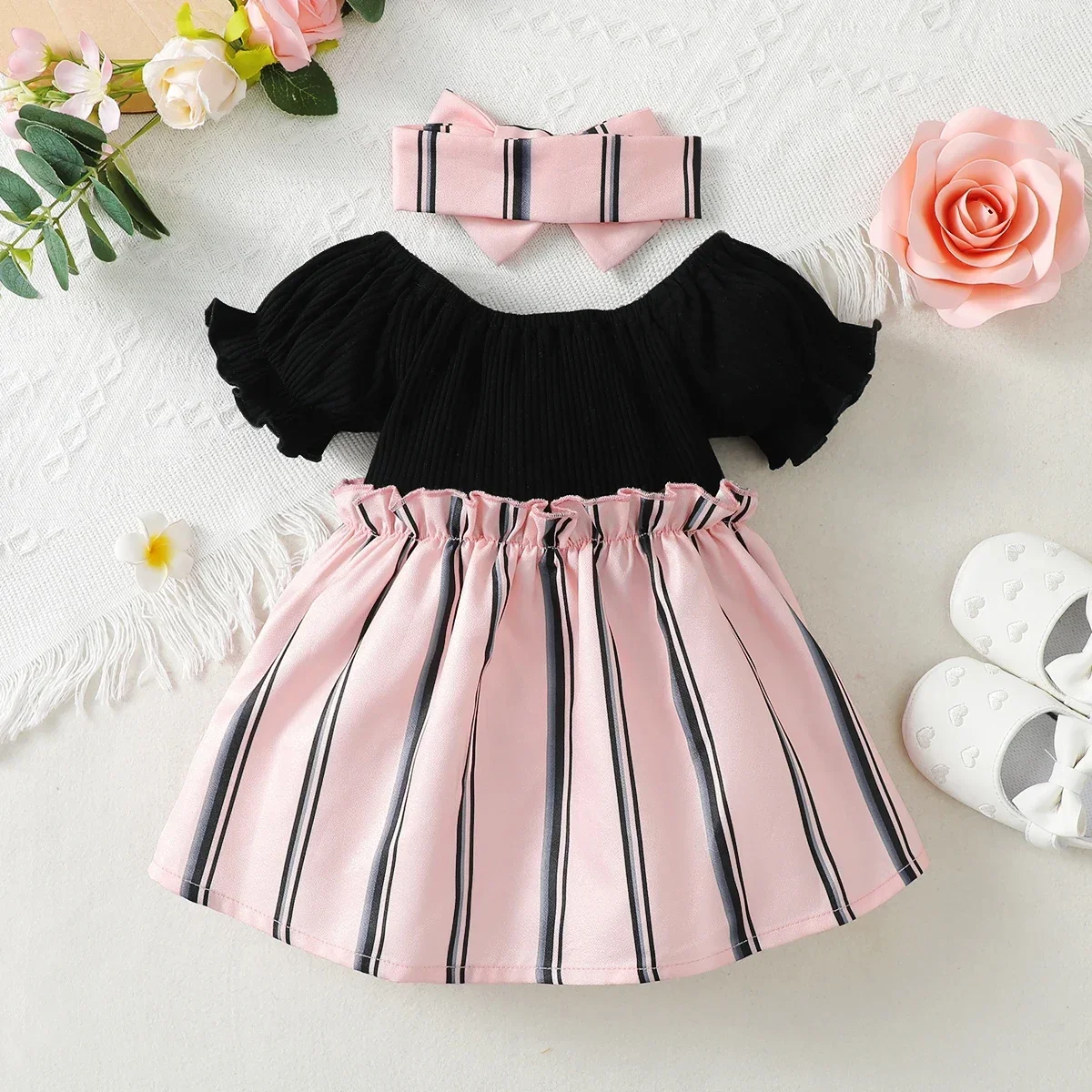 

2-Piece Baby Girl Color-Block Striped Patchwork Bowknot Decor Short Puff Sleeve Dress & Headwrap For Babies 3-24 Months