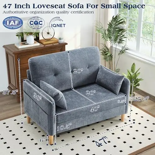 Loveseat Sofa, 47” Small Couch for Living Room, Comfy Chenille Fabric Love Seat for Bedroom with Throw Pillow,Removable