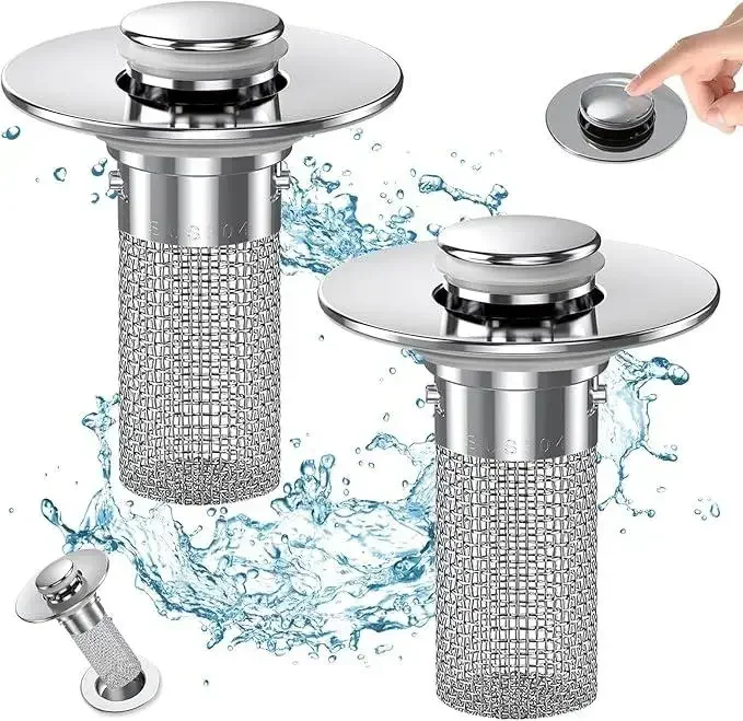 

2 Pack Bathroom Sink Drain Strainer, 2 in 1 Pop Up Bathroom Sink Stopper with Hair Catcher Basket for 1~1.5 Inch Drain Holes.