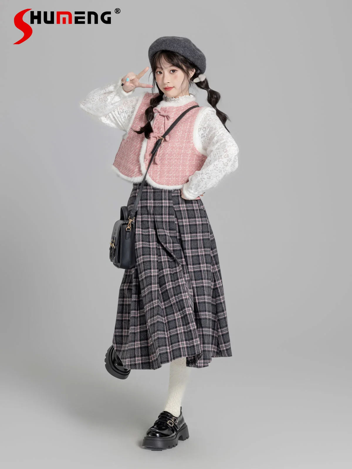 Japanese Sweet Preppy Style High Waist A-line Woolen Grey Plaid Skirts Casual All-matched Thick Pleated Long Skirt Women Winter