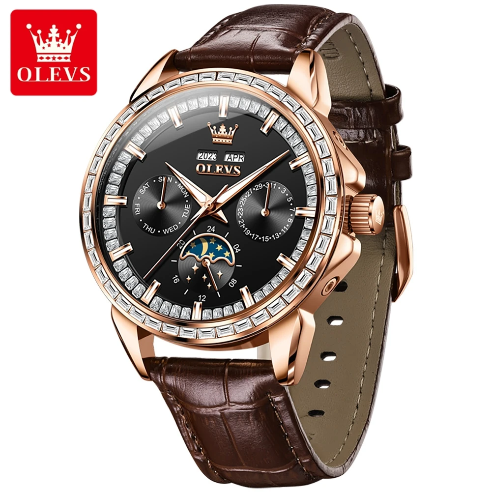 

OLEVS Calendar Multifunctional Automatic Mechanical Leather Mens Watches Top Brand Luxury Wrist Watch Montre Homme New