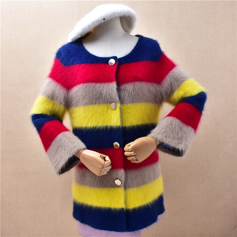 Ladies Women Autumn Winter Thick Warm Striped Hairy Mink Cashmere Knitted Three Quarter Sleeves Slim Cardigans Angora Sweater