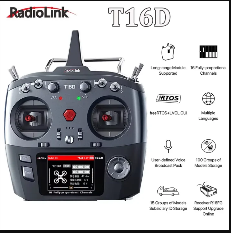 Radiolink T16D เครื่องส่งสัญญาณ RC 16ช่องสัญญาณ2.4กิกะเฮิร์ตซ์พร้อมตัวรับสัญญาณ R16F ตัวควบคุมระยะไกลสำหรับโดรนเรือ mobil RC เครื่องบินปีกคงที่