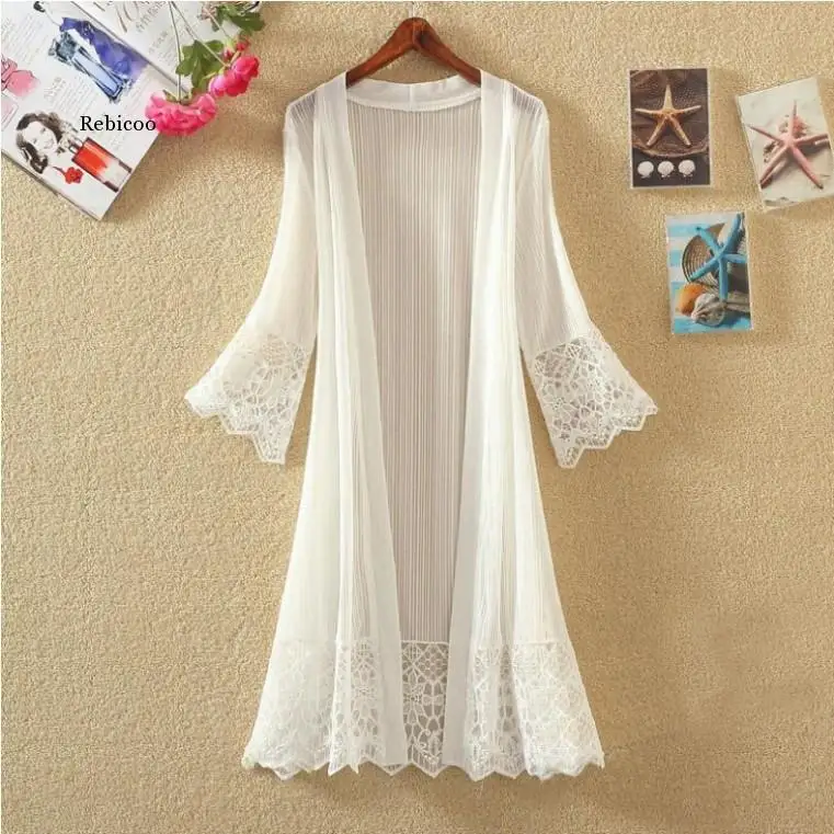 2022 Knitted Sweater Coat Long-Sleeved Lace Cardigan Summer Women Mid-Length Mesh Tops Sun Protection Thin Shawl Coat Female