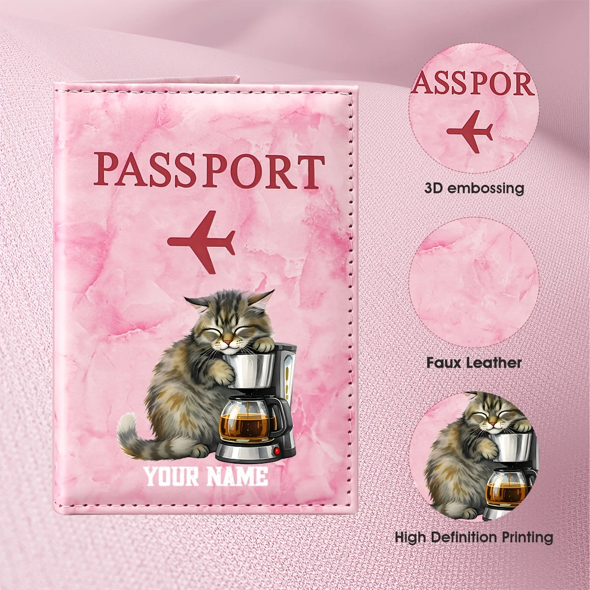 Personalized Name Custom Cat Coffee Theme Illustration Passport Holder, Lazy Cat And Coffee Machine Cozy Scene Design