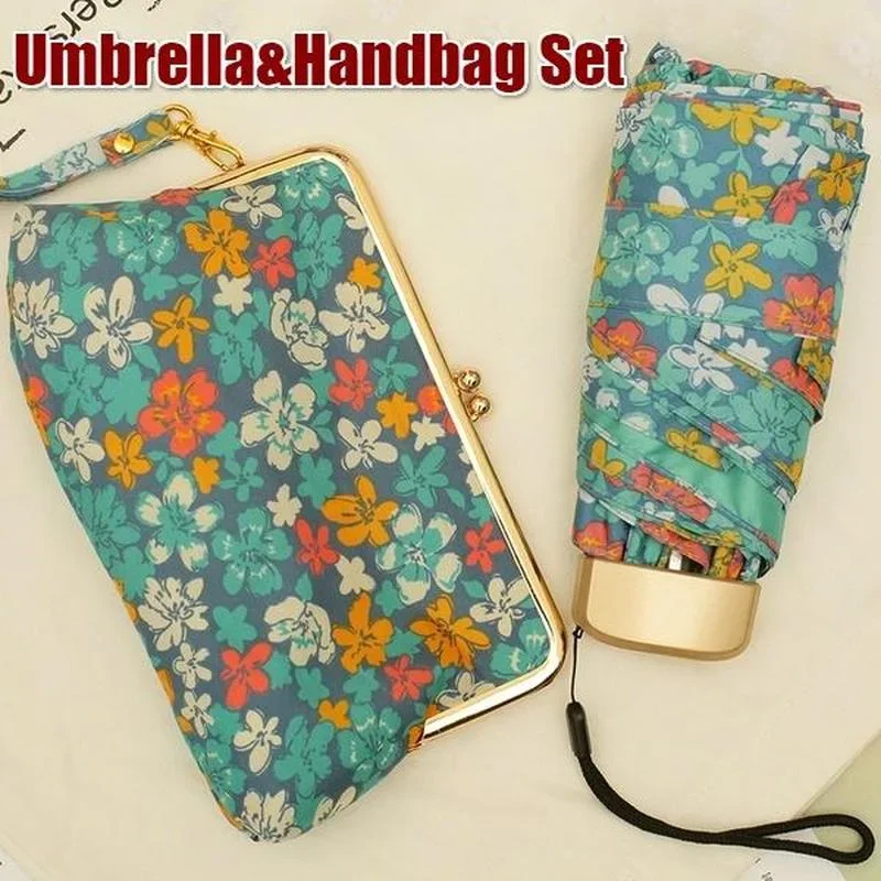 New Women Ultralight Mini Flat Handle Five Fold Umbrella Floral Sunny and Rainy Umbrella Rain & Storage Handbag