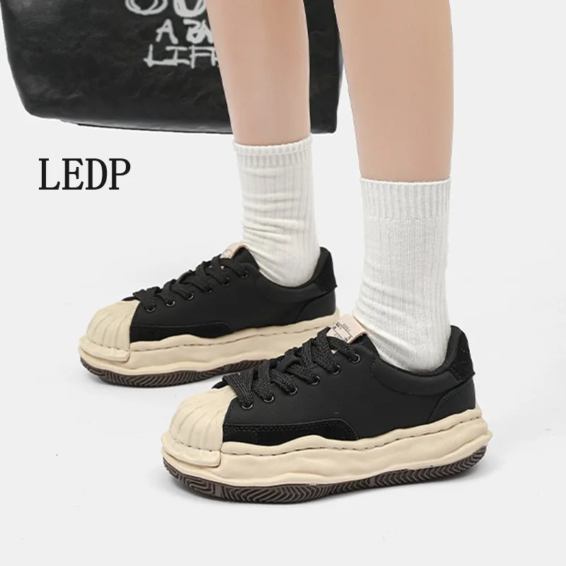 LEDP brand Casual Sports Thick Soles Dissolve Shoes for Women 2024 Autumn Round Head Matching Color Patchwork Leather Shoes