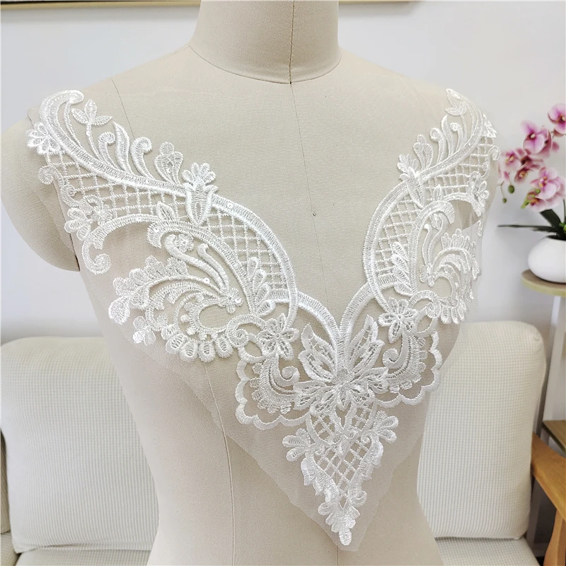 1Piece Lace Handmade Applique DIY Bridal White Lace Neckline Collar Fabric Patch