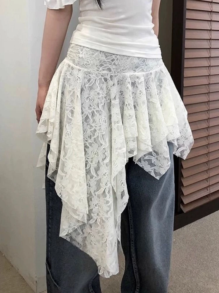 New Sweet Irregular Lace Cake Skirt Women French Fashion Pure Desire Solid Y2k Skirts Harajuku High Gothic Casual Clothing 2025