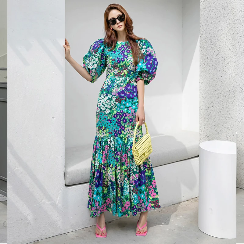 Elegant Blue Flower Print Lantern Sleeve and Ankle Fishtail Dress 2023 Summer Slim Bodycon O-neck Pastoral Style Party Dress