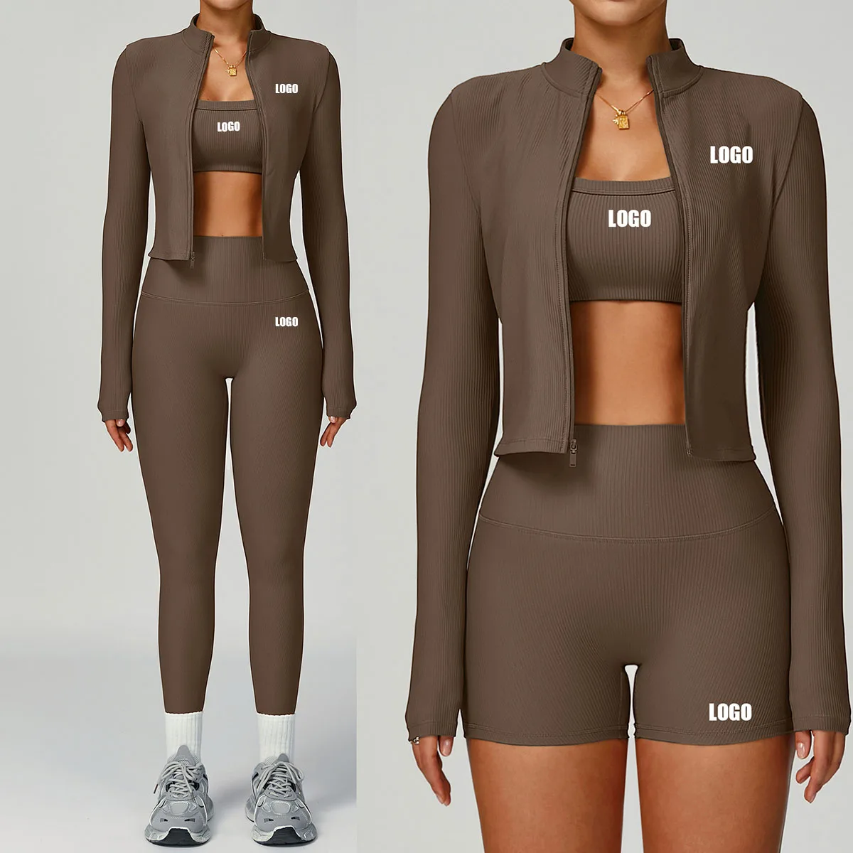 Customized LOGO women's threaded yoga high waist tight outdoor sports running cycling fitness three-piece set