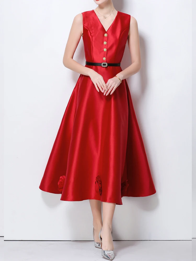 

Elegant Three-Dimensional Flower V-Neck Sleeveless Slim Fit Dress 2026 New Fashionable Women'S Summer Clothing