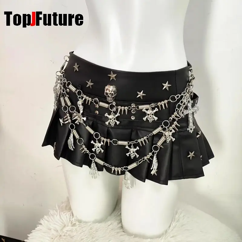 Harajuku Steampunk Women Gothic Lolita Punk PU Skirt Goth Y2K Girl Metal Cross Half Body Heavy Industry Skirt Workwear Skirt