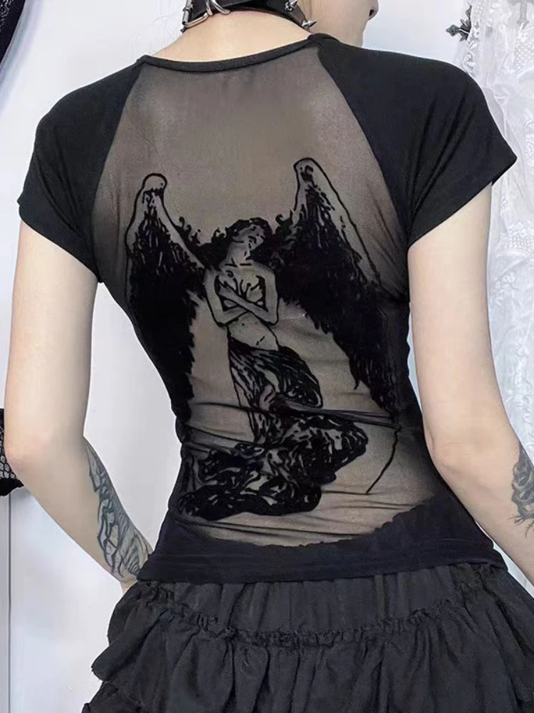 Black Retro Angel Print T-shirt for Women 2024 summer Fashion Slim Fit Tee Shirt Y2k Long Sleeve Bottoming Tops Mujer koreran fa