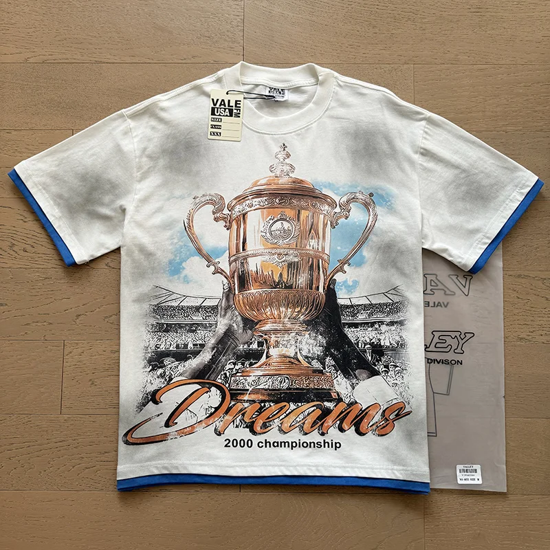 High Quality Vintage Trophy Print Patchwork Color Washed Old American Trendy Short Sleeve Pure Cotton T-Shirt Unisex Citywalk