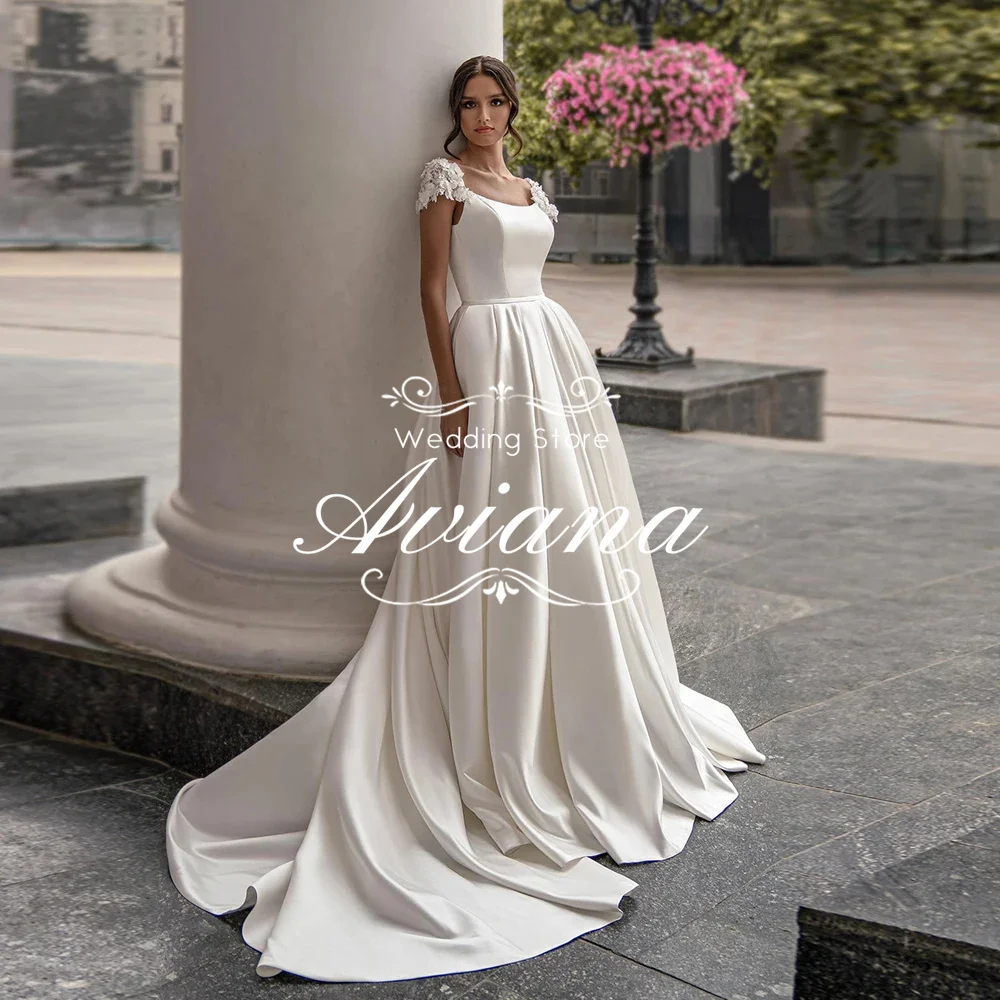 

Customized Aviana Square Neckline Satin Ball Gown Wedding Dress Lace Short Sleeves Long Train Unique Design Handmade Royal Vibe