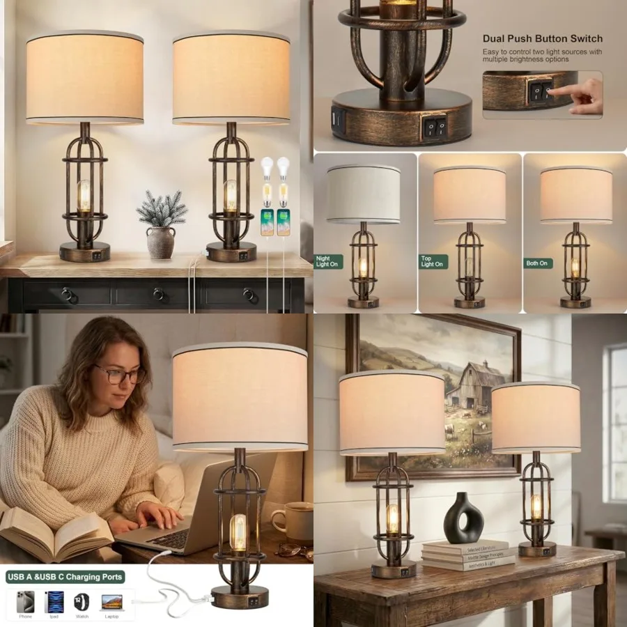 

Table Lamps for Living Room Set of 2, 22.3" Farmhouse Lamps for Nightstand, Industrial Table Lamps for Bedroom with USB Ports