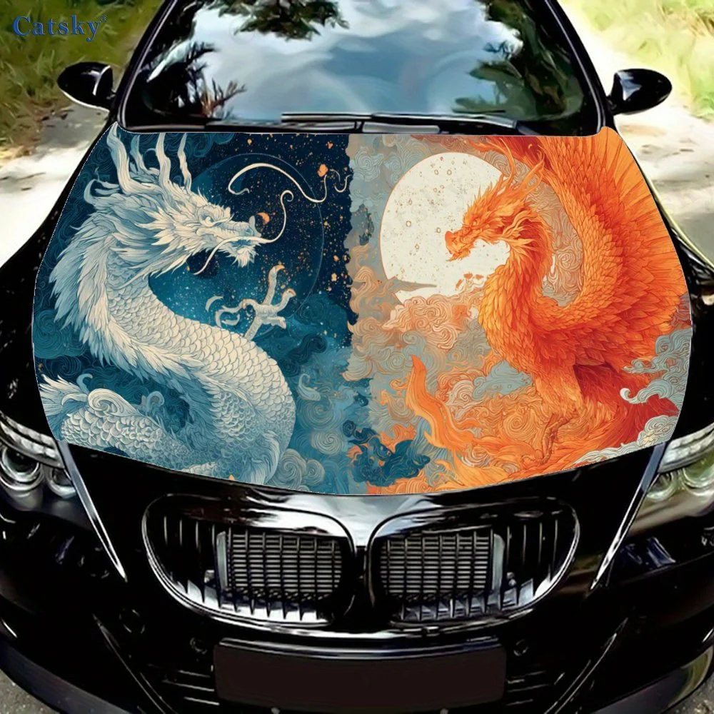 

Shadow of Dragon and Phoenix in the Universe Car Vinyl Wrap, PVC Waterproof Car Hood Sticker, Self-Adhesive Scratch-Resistant St
