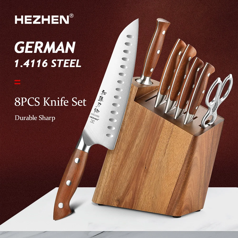 

HEZHEN 8PC German Din 1.4116 Steel Chef Sharpener Knife Set Redwood +Stainless Steel Rivets Kitchen Walnut Shears Nakiri Knives