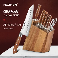 HEZHEN 8PC German Din 1.4116 Steel Chef Sharpener Knife Set Redwood +Stainless Steel Rivets Kitchen Walnut Shears Nakiri Knives