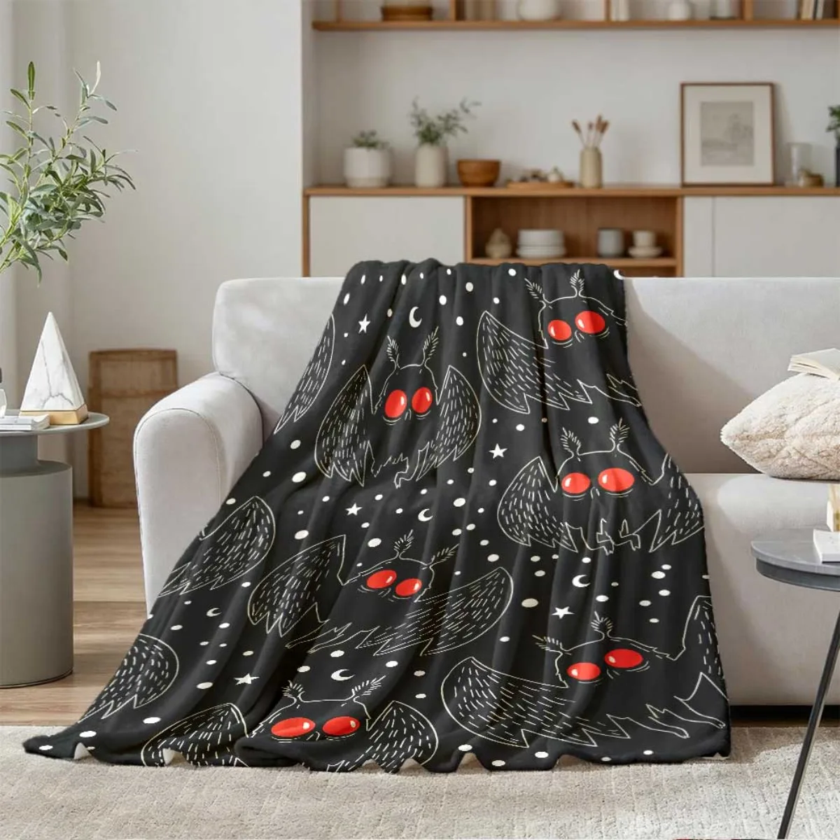 Cryptid Mothman Flannel Blanket, Starry Night Mothman with Red Eyes Pattern Lightweight Throw Blanket for Bed Couch Daily Use