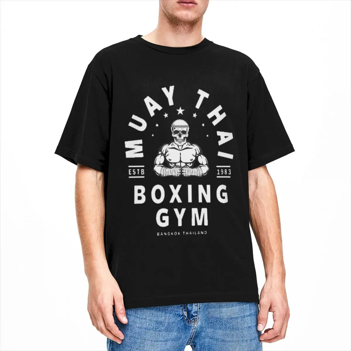 Muay Thai Boxing Shirt Merchandise Men Women Cotton Vintage Round Collar Skull Tees Short Sleeve Tops Christmas Gift