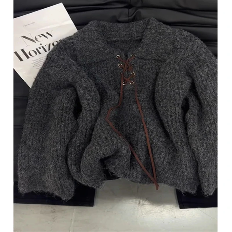 Autumn/Winter Thickened Soft and Flexible Lapel Tied Pullover Sweater Loose Fit Idle Style Sensibility Niche Knitted Top For Wom