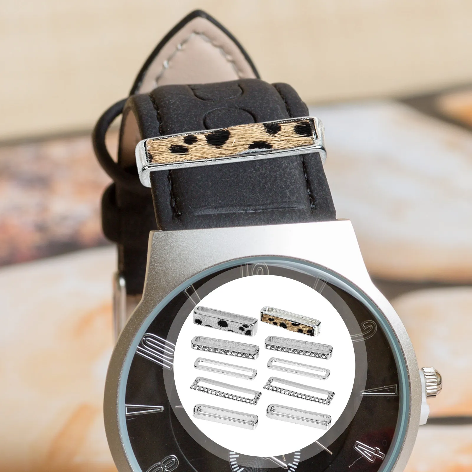 2Sets Watchband Decorative Rings Silicone Band Loops Watchband Charms Leopard-Print Strap Decor for Stylish Look